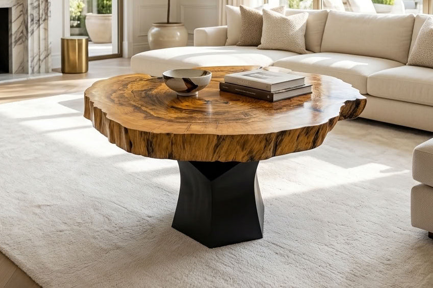 A modern living room featuring a round, live-edge wooden coffee table with a black pedestal base, styled on a large cream rug in front of a beige sectional sofa.