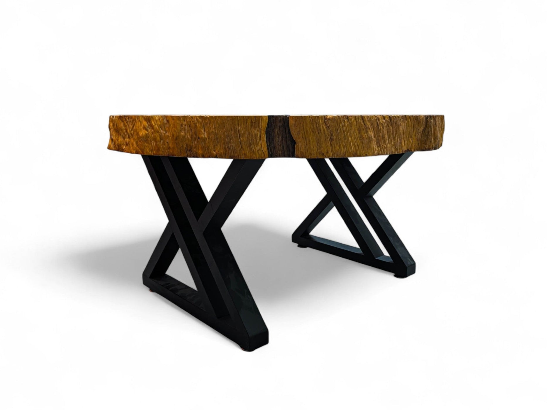 Wooden table with black metal legs on a white background