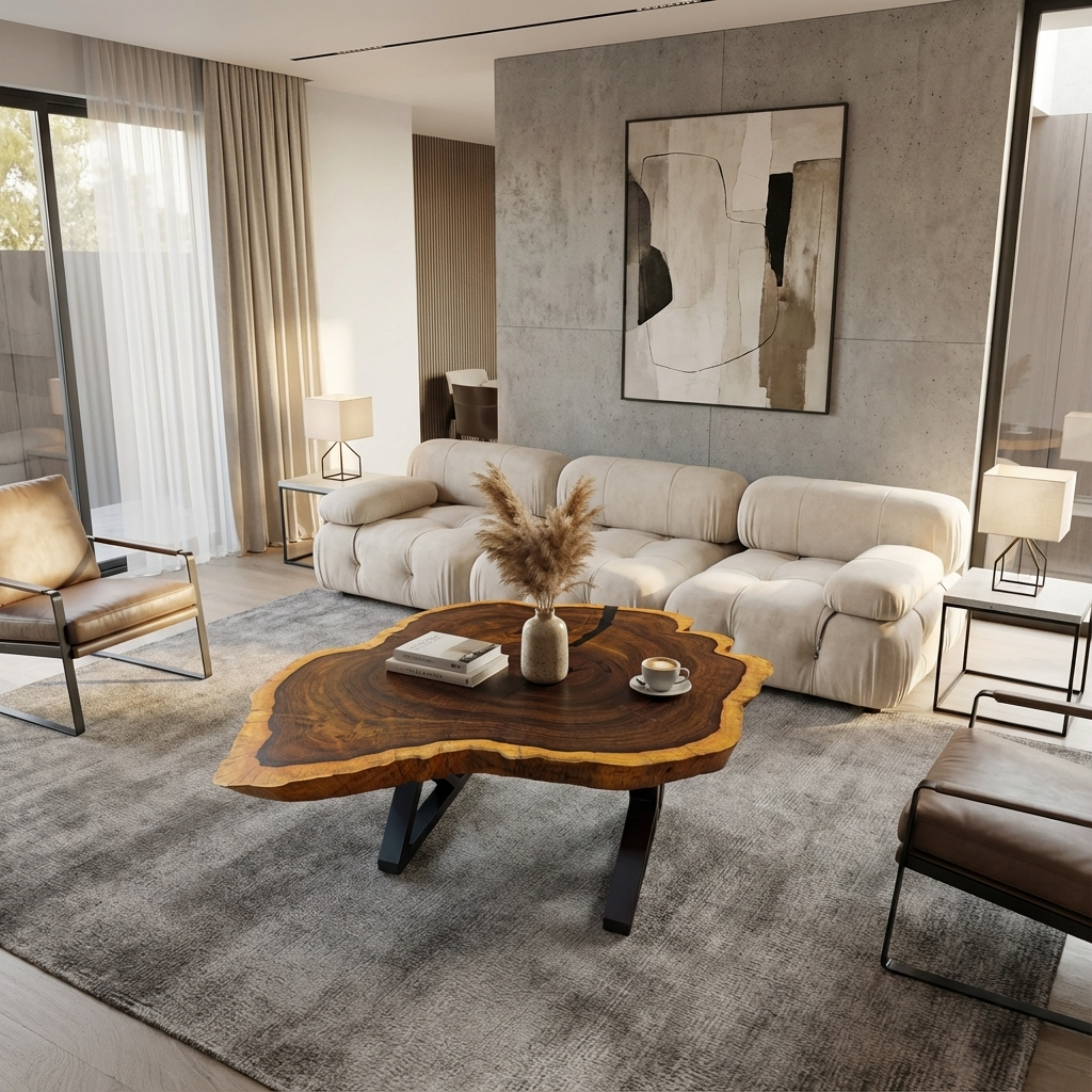 Grand Leadwood Live Edge Coffee Table (43.31" x 33.86" x 3.35") with Modern X-Legs