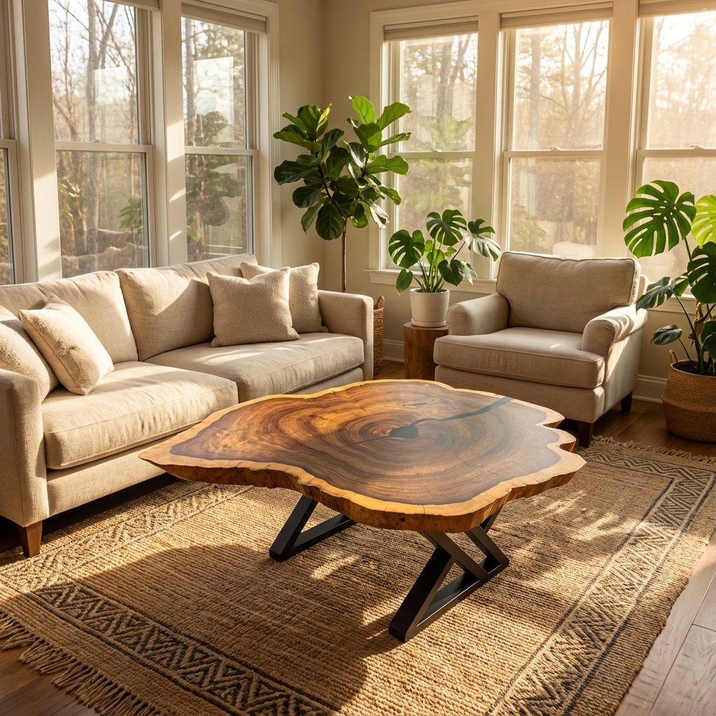 Grand Leadwood Live Edge Coffee Table (43.31" x 33.86" x 3.35") with Modern X-Legs