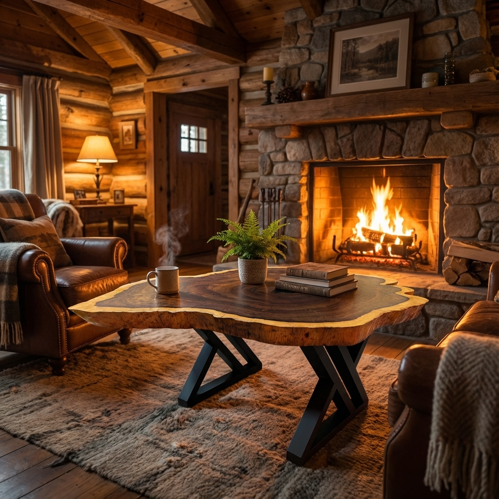 Grand Leadwood Live Edge Coffee Table (43.31" x 33.86" x 3.35") with Modern X-Legs