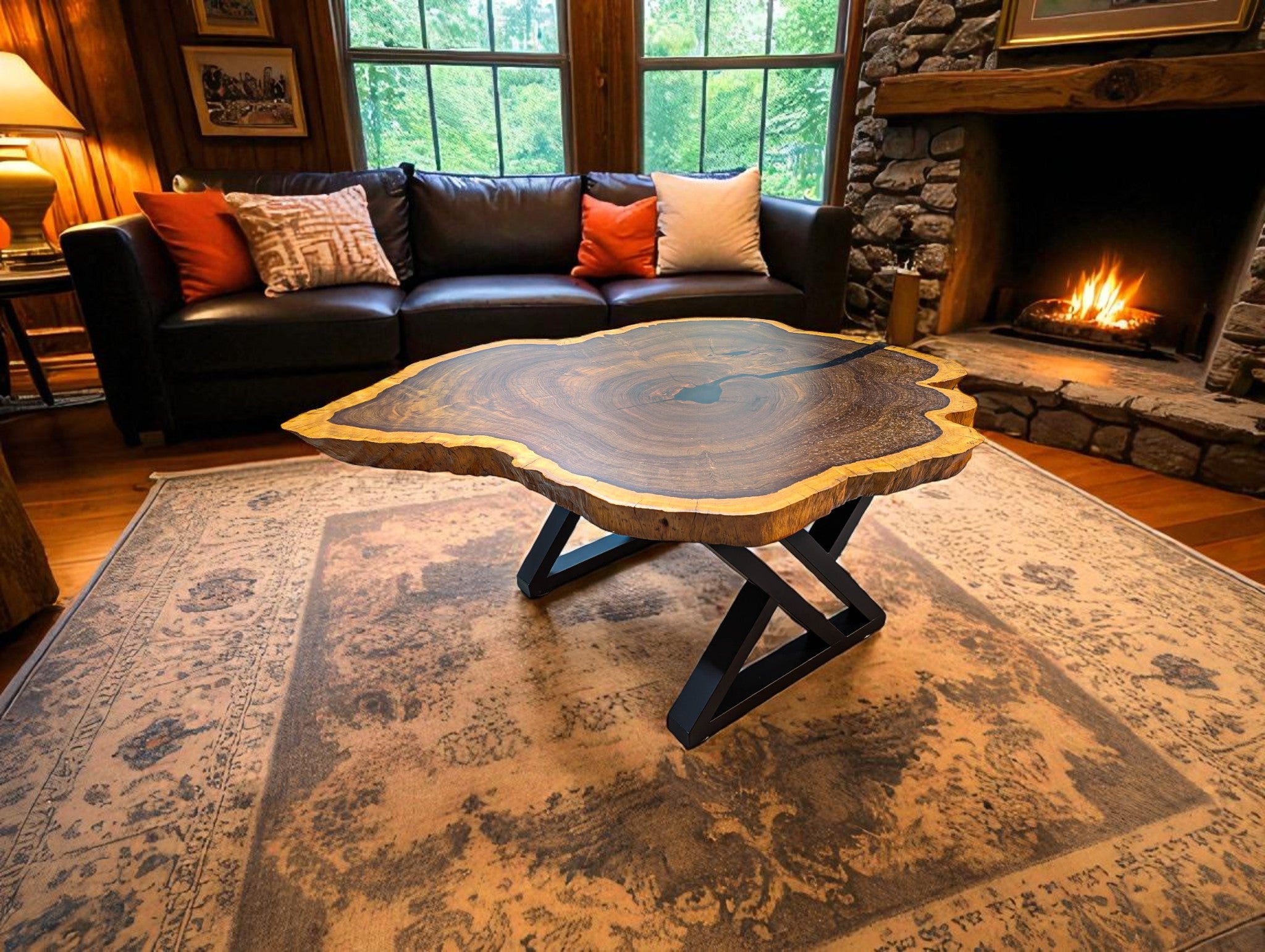 Living room with a wooden coffee table, sofa, and fireplace.