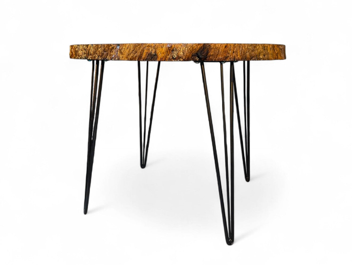 Small round table with a wooden top and metal legs on a white background