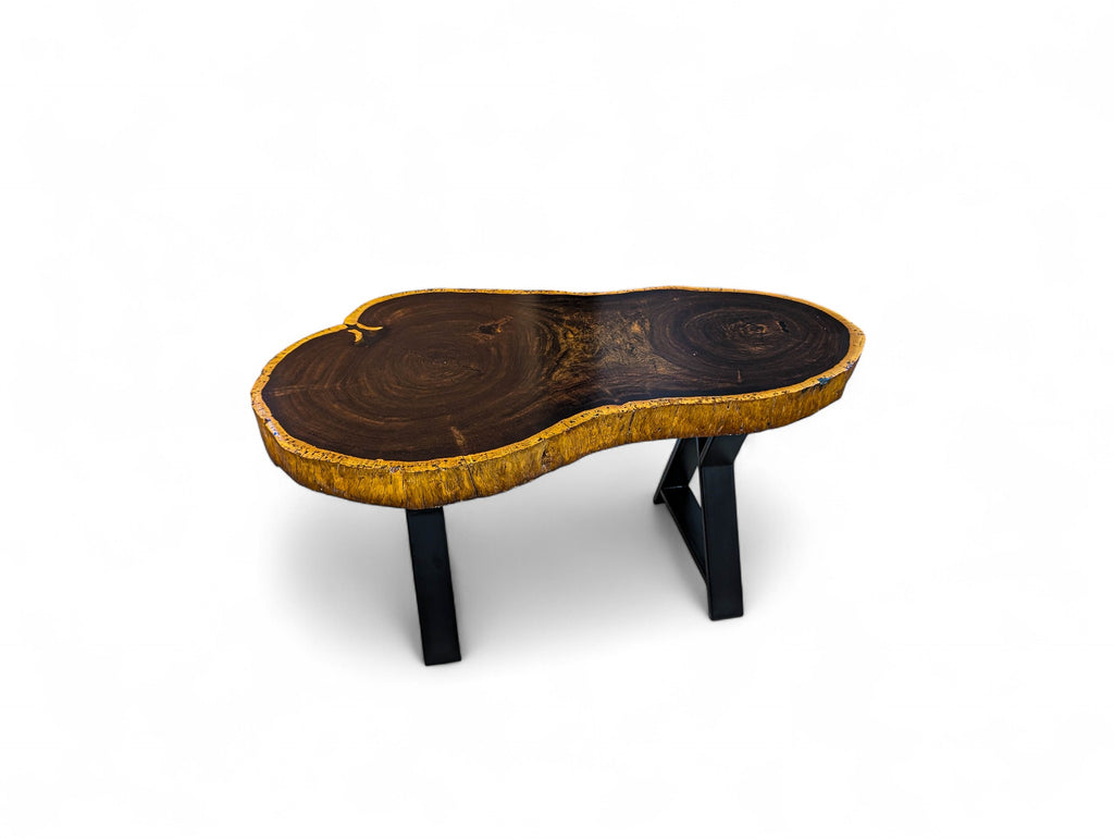 Wooden coffee table with a natural, dark finish on a white background