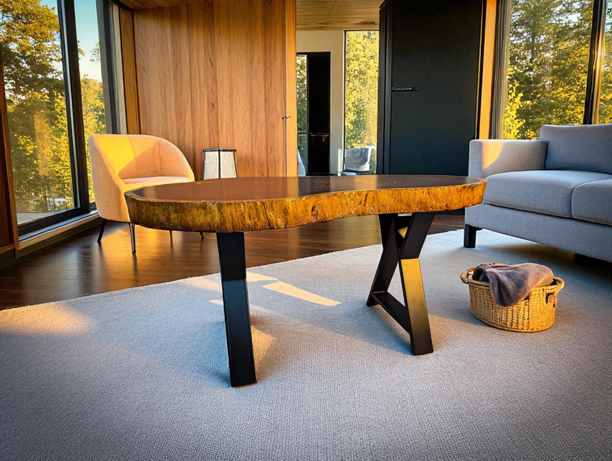 Modern living room with a wooden coffee table, gray sofa, and armchair.