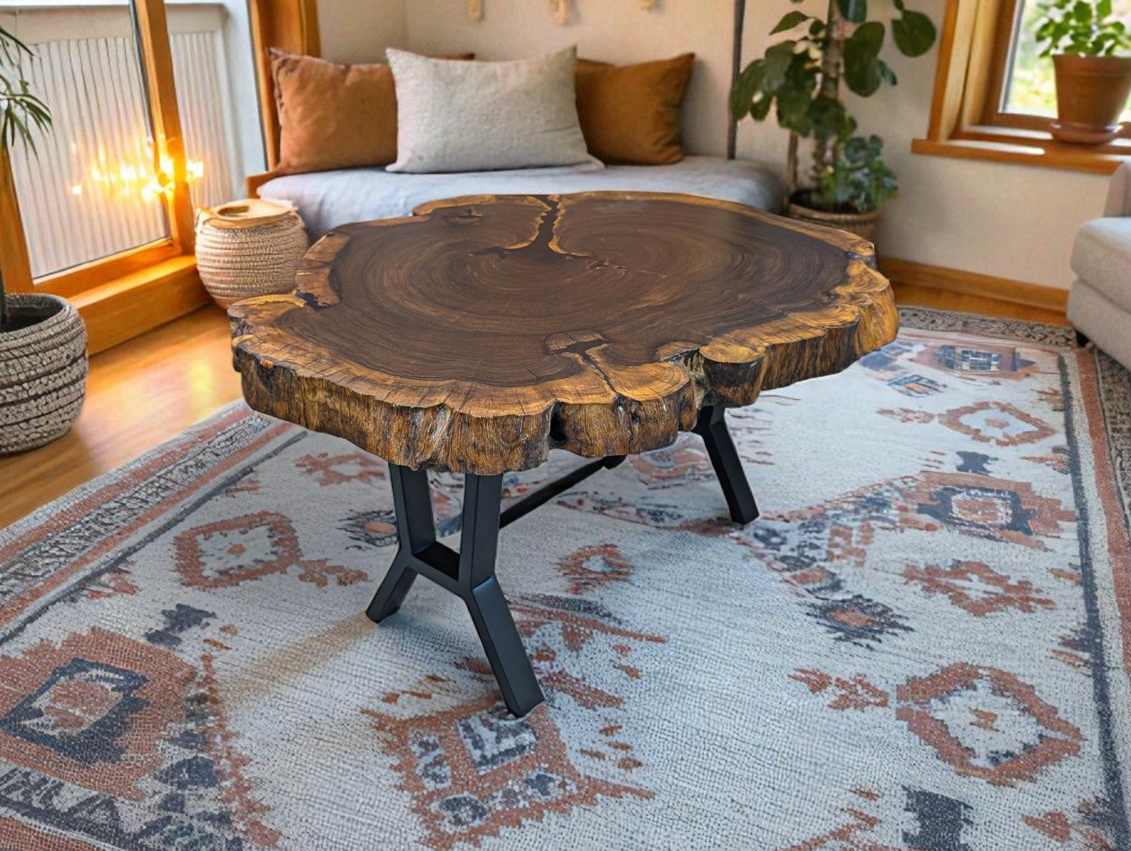 Living room with a wooden coffee table, sofa, and decorative elements.