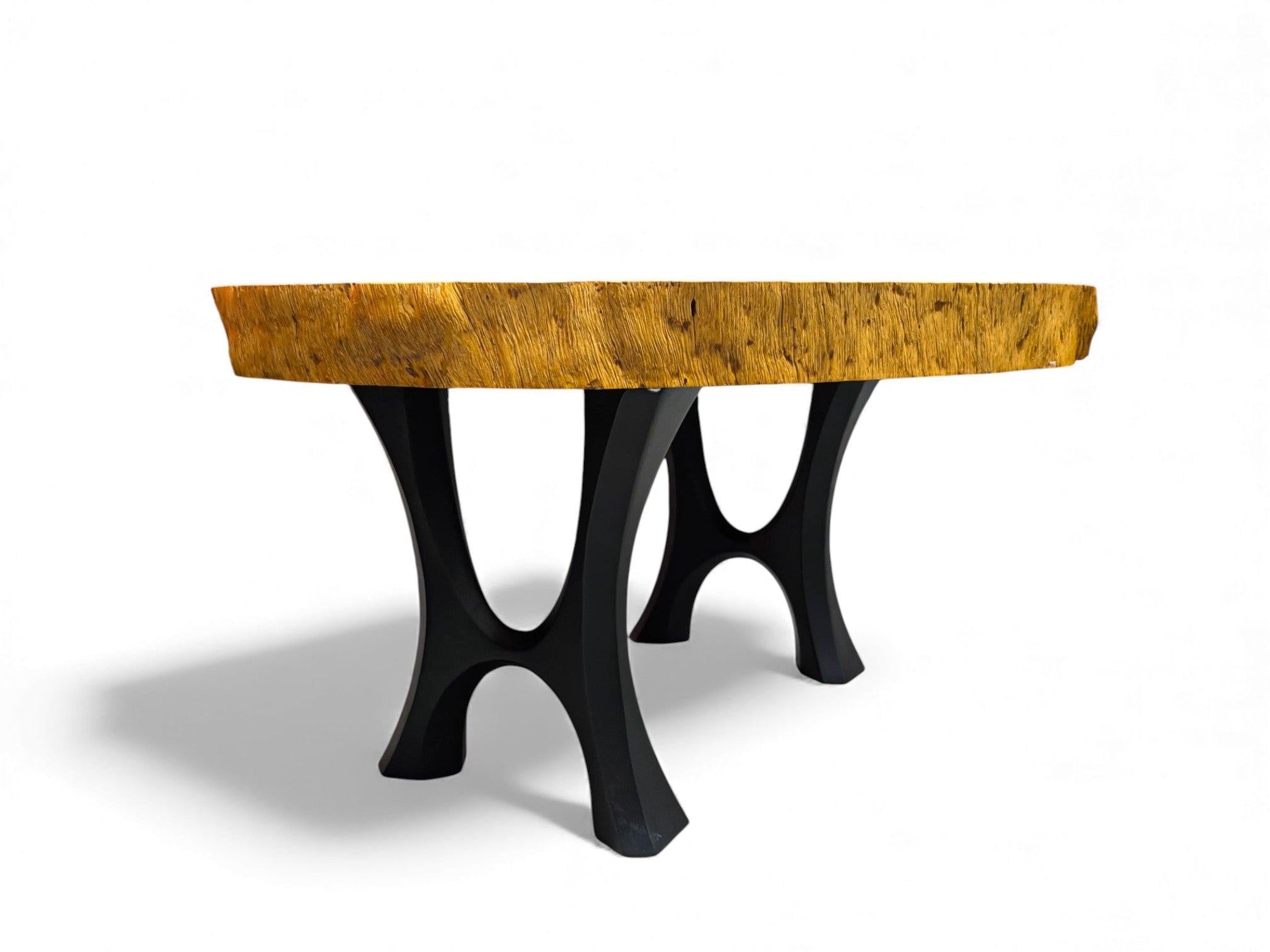 Wooden table with black legs on a white background