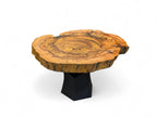 Wooden table with a black base on a white background