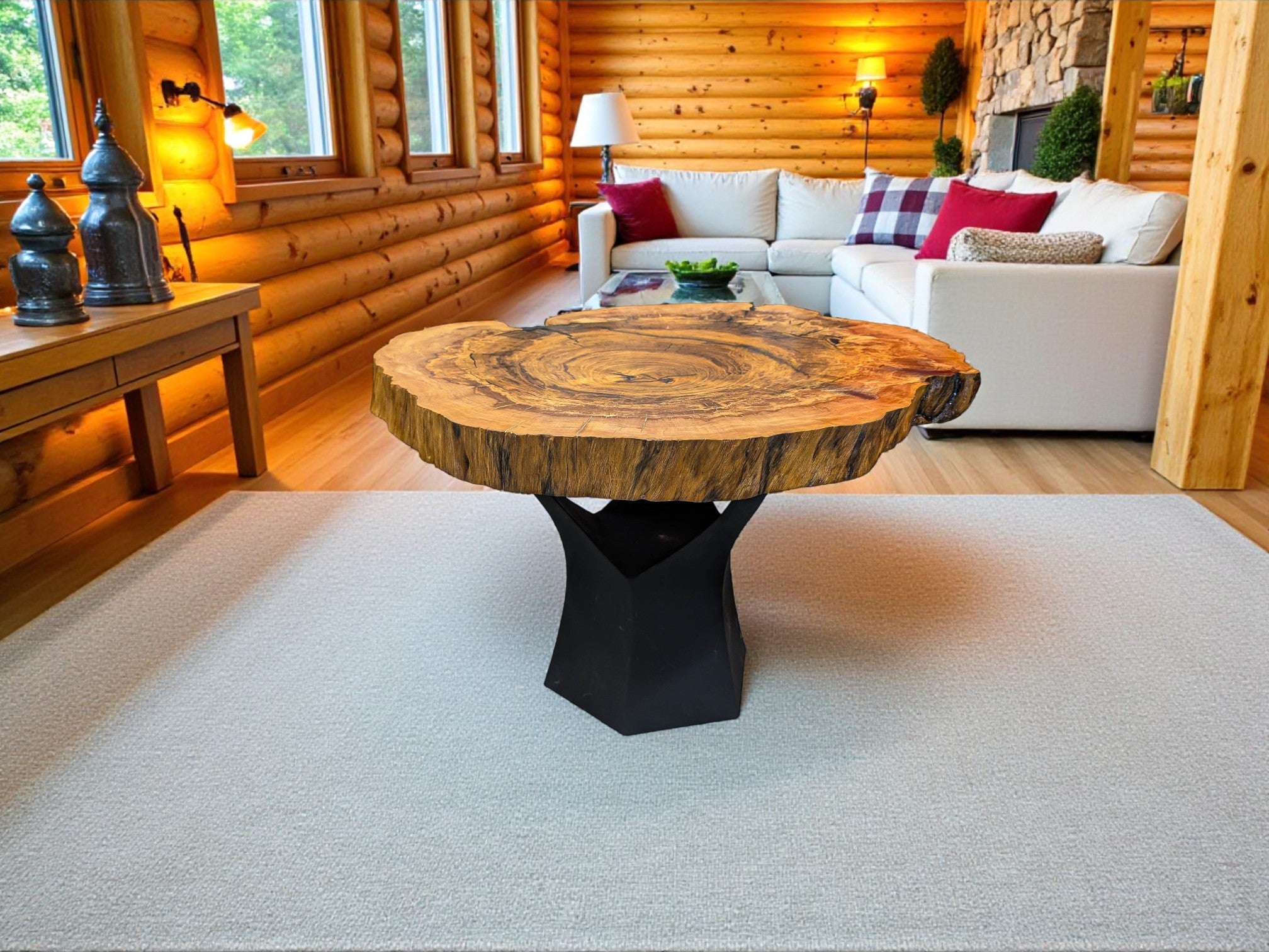 Wooden coffee table in a cozy living room with a log cabin design.