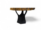 Table with a wooden top and black base on a white background