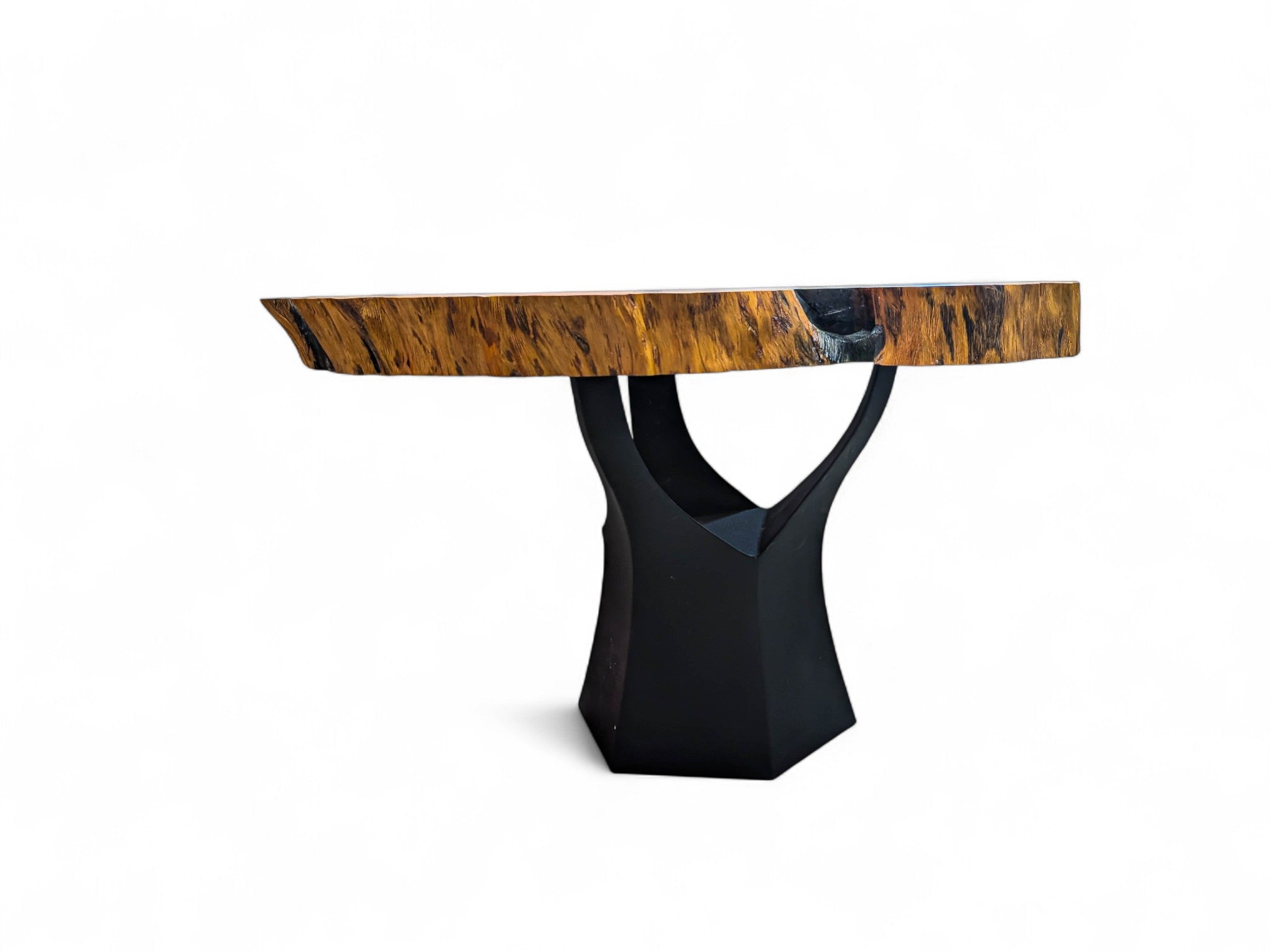 Modern coffee table with wooden top and black base on a white background