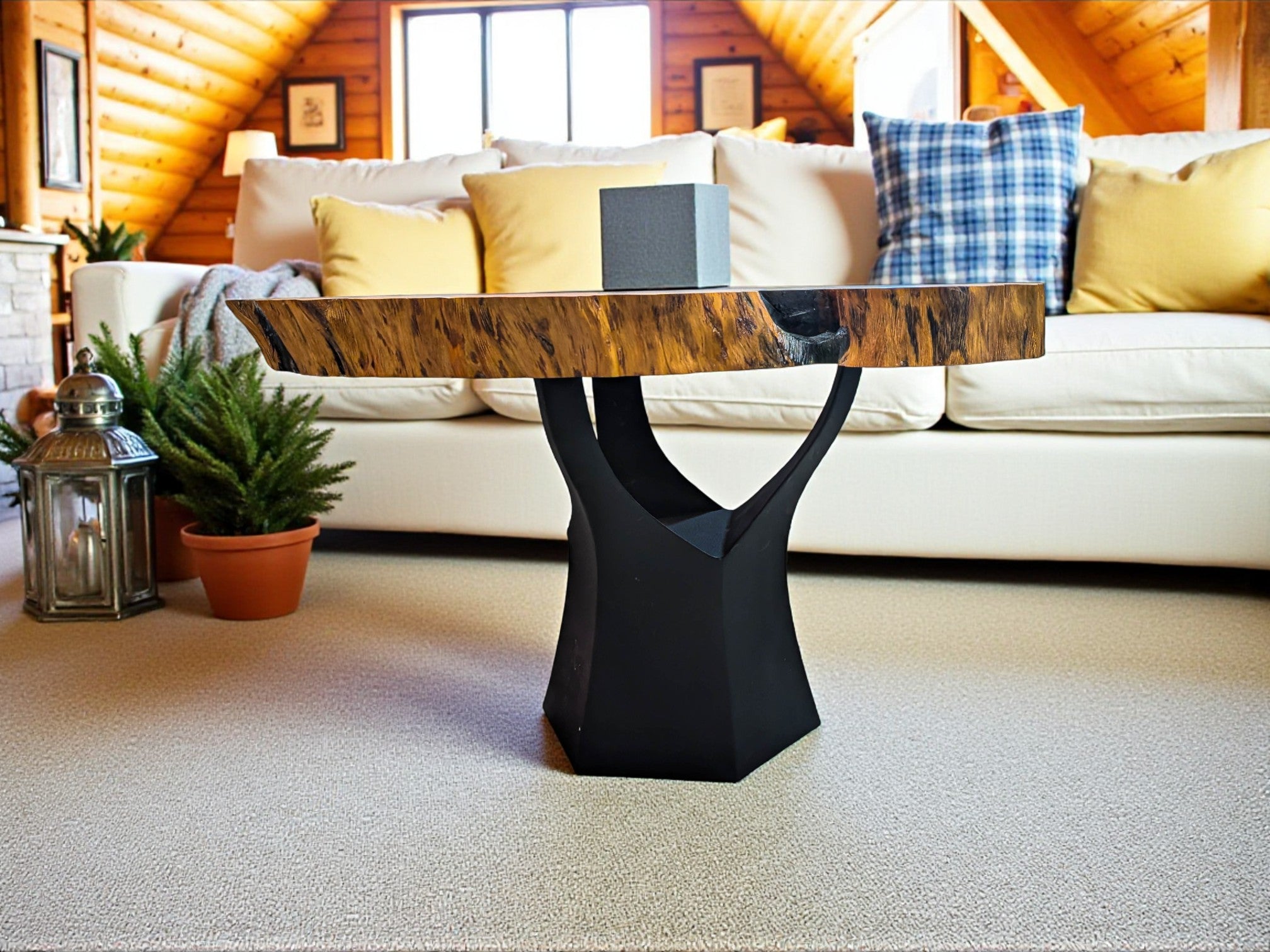 Modern coffee table with wooden top and black metal base in a living room setting.