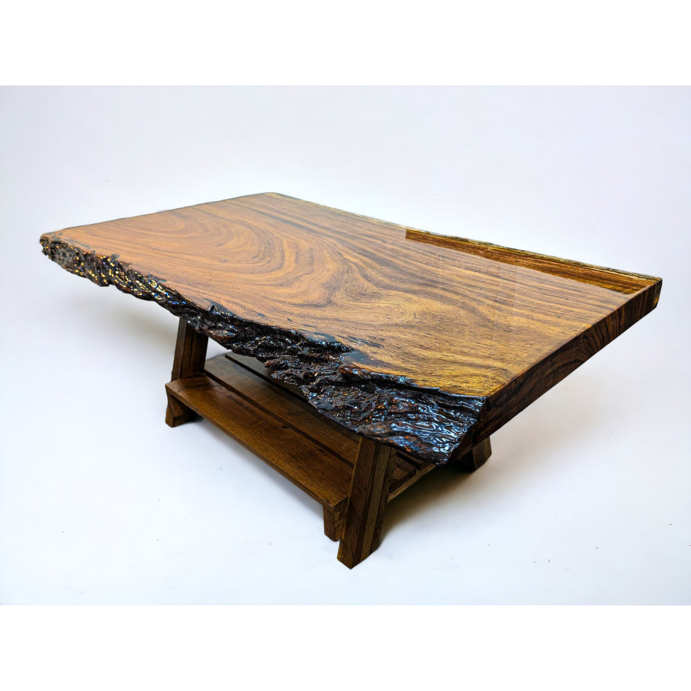 Handcrafted African Sand Teak Coffee Table (L51" x W31") with Live Edge and "Picnic" Styled Legs
