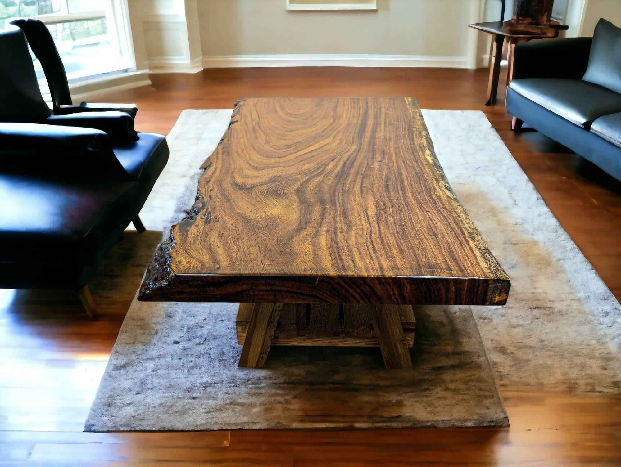 Handcrafted African Sand Teak Coffee Table (L51" x W31") with Live Edge and "Picnic" Styled Legs