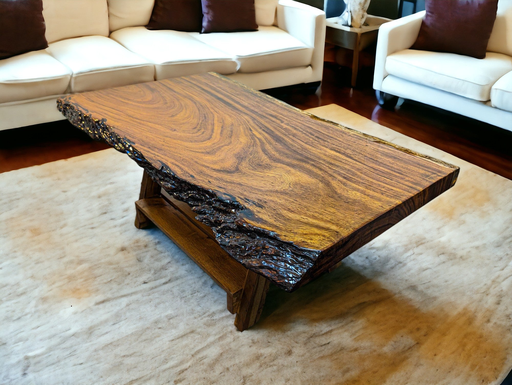 Handcrafted African Sand Teak Coffee Table (L51" x W31") with Live Edge and "Picnic" Styled Legs